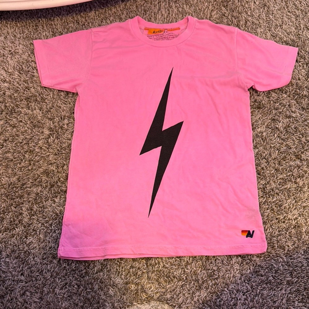 Aviator Nation Pink Tee with Black Lightning Bolt